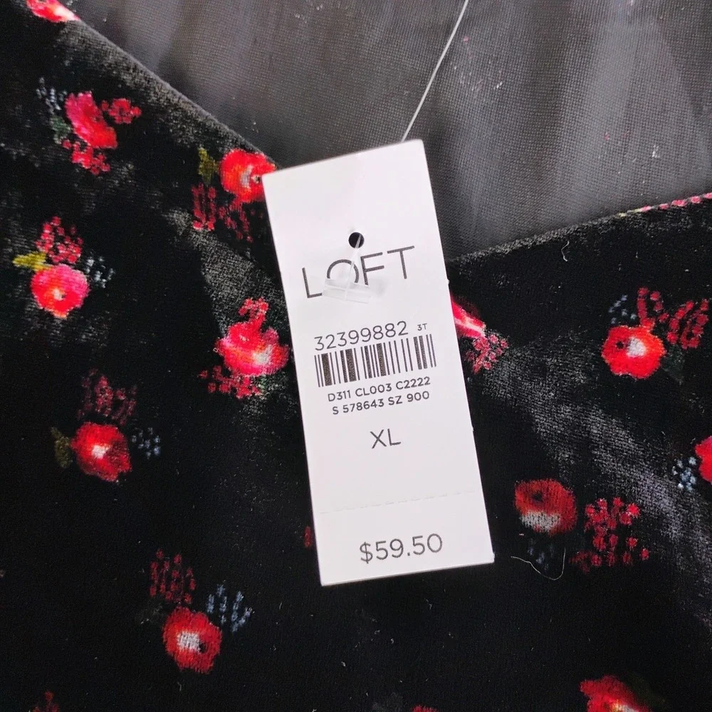 LOFT Floral Velvet Puff Sleeve Top Womens XL Black Red Romantic Peasant Gothic‎